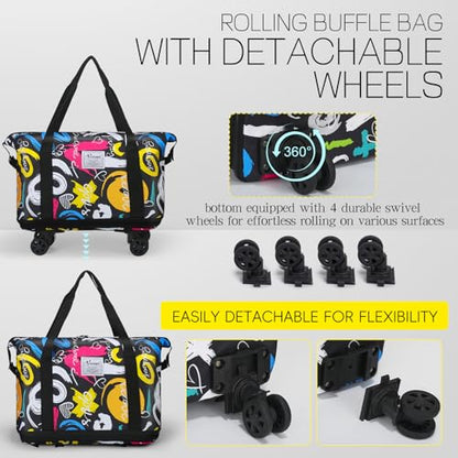VOOWO Duffel Bag with Wheels - Rolling Foldable Expandable Duffle Bag with Wheels for Travel, Rolling Luggage Carry On Bag with Wheels, Large Rolling Backpack Weekend Bags for Men Women (Black) - color: Graffiti