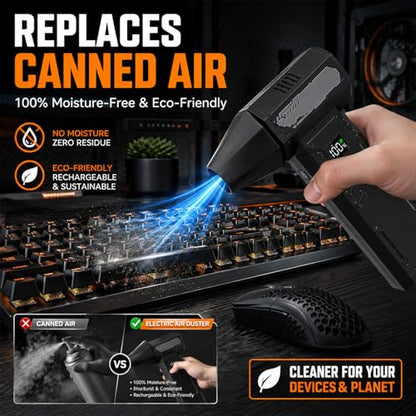 2-in-1 Compressed Air Duster & Vacuum, 130000RPM Powerful Motor, 8000mAh Battery, Turbo Mode, Mini Cordless Car Vacuum Cleaner, Turbo Jet Handheld Blower, for PC, Car Cleaning
