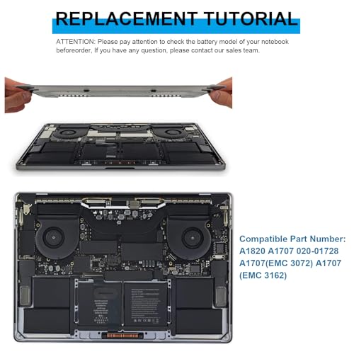 A1707 A1820 Laptop Battery for MacBook Pro 15 inch A1707 (Late 2016 Mid 2017) Touch Bar EMC 3162 3072 Series MLH32LL/A MLH42LL/A MLW72LL/A MLW72HN/A MLW82LL/A MPTR2LL/A MPTT2LL/A - 11.40V 76Wh - size: 12.4*3.58*0.28inch A1820