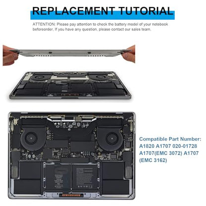 A1707 A1820 Laptop Battery for MacBook Pro 15 inch A1707 (Late 2016 Mid 2017) Touch Bar EMC 3162 3072 Series MLH32LL/A MLH42LL/A MLW72LL/A MLW72HN/A MLW82LL/A MPTR2LL/A MPTT2LL/A - 11.40V 76Wh - size: 12.4*3.58*0.28inch A1820
