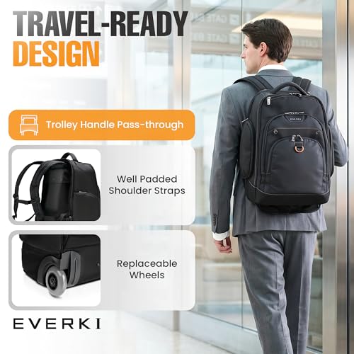 EVERKI Atlas Wheeled 2 Laptop Rolling Backpack for Men & Women, Grey - 30L | Polyester, Unisex Professional Design, Padded compartment, RFID, Roller, Business & Work, Travel-Friendly, Fits 13\"-17.3\" - size: Atlas Wheeled V2 - Grey - 30L