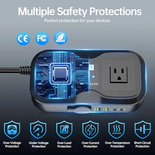 7 in 1 Car Power Inverter, 200W DC 12V to 110V AC Car Inverter with LED Voltmeter, 4-Port PD/QC3.0 Charge, 2 Car Outlets and Cigarette Lighter Adapter USB C Car Charger for All Car Devices - size: 200W