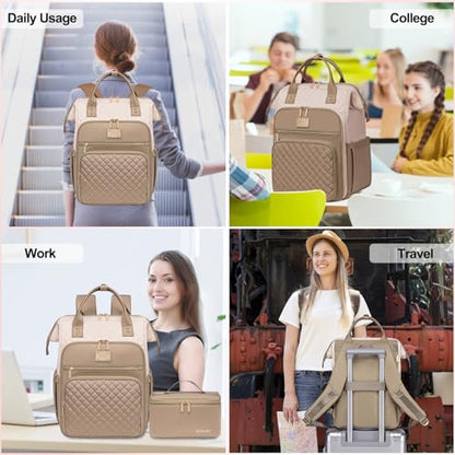 Otevan Lunch Backpack for Women, 15.6 inch Laptop Backpack, Work & Travel Backpack with Insulated Lunchbox Cooler - color: Beige/Kakhi