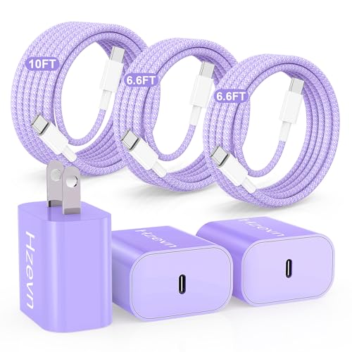 20W USB C Fast Charging for iPhone 17 Air/16/15 Pro Max,3Pack Colorful Mixed Charger Block with Braided Long USB C to C Cables (6/6/10ft) Compatible with iPhone16/15 Pro/15 Plus/iPad Pro - color: Purple, size: 20w(6+6+10)ft