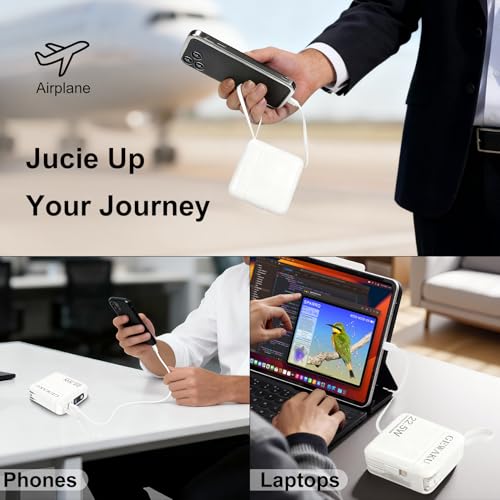 Detachable Wall Plug Portable Charger 15000mAh Power Bank 22.5W | Fast Charging Built-in Cables, 3-in-1 Compact USB-C Battery Pack Travel Essentials for iPhone 17,iPad, Android, Samsung - color: White