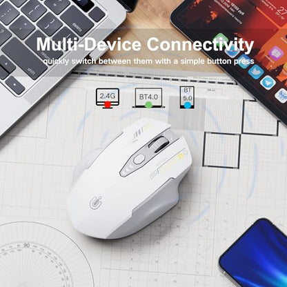 Uineer Bluetooth Mouse, Tri-Mode Wireless, Rechargeable, 3-Device Switch | Dual Bluetooth plus 2.4G connectivity, 3-device switching and a visible rechargeable battery level. - color: Gray and White