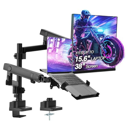 AVLT Laptop & Monitor Arm Pole Top Mount for 17-38" Screens - Black | Supports flat/curved/ultrawide screens up to 26.4 lbs. Mechanical spring, laptop tray, height adjustment and cable routing. - size: Laptop & 38 Inch Monitor Pole Arm