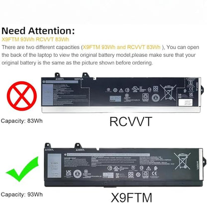 DELL X9FTM 11.55V 7650mAh 93Wh 6-Cell Lithum-Ion Recharged Battery For DELL Precision 7670 7680 7770 7780 Mobile Workstation Series Laptop DP/N: P114F P114F001 P114F002 P115F P115F001 P115F002 0X9FTM