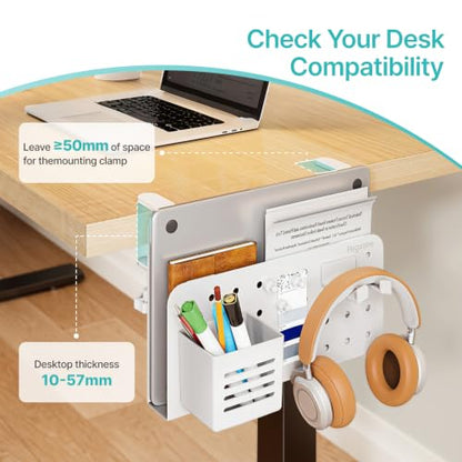 PEGZONE Desk Side Storage Organizer, No Drill Under Desk Laptop Holder, Clamp on Desks Shelf with Pegboard Accessories, Hanging Laptop Mount, Fits Flat Edge 0.4" to 2.2", White | No Drill Under Desk Laptop Holder, Clamp on Desks Shelf with Pegboard Access