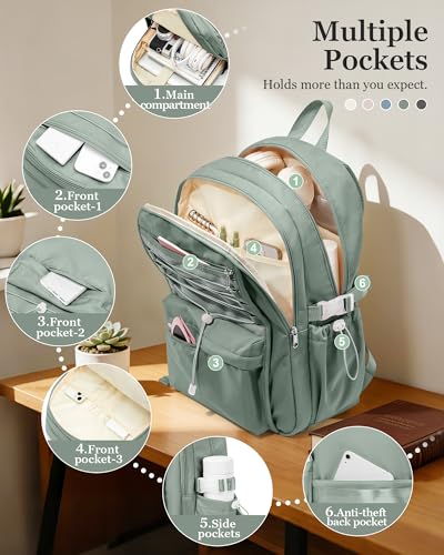 suwasp College Backpack for Women, Waterproof Laptop Backpack Fits 15.6 Inch Laptop, School Bookbag with Water Bottle Pocket, Anti Theft Work Backpack for College, Travel, Commuter, - color: Sage Green
