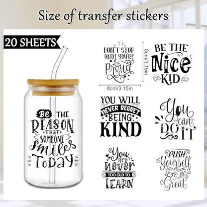 Rngmsi 20 Sheets Motivational UV DTF Cup Wrap Cold UV DTF Transfer Stickers | Inspirational Quotes Black Affirmative Rub on Transfers, Waterproof Uvdtf Decals, for DIY Crafts, 3.1x3.1 in - style: Motivational Quotes