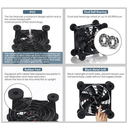 Dual 80mm Cooling Fan - 10-Speed USB 5V/DC 12V Power, IPX5 Waterproof for Tablet, TV, Router, Xbox, DVR, Computer Cabinet, Greenhouse & Kennel Component Cooling