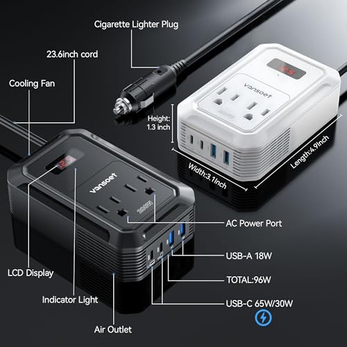 200W Car Power Inverter DC 12V to 110V AC Inverter with PD 65W/30W USB C & 2 QC 18W USB Ports & 2 AC Outlets,Car Pluɡ Adapter Outlet for Laptop/Phone/Road Trip - color: Black
