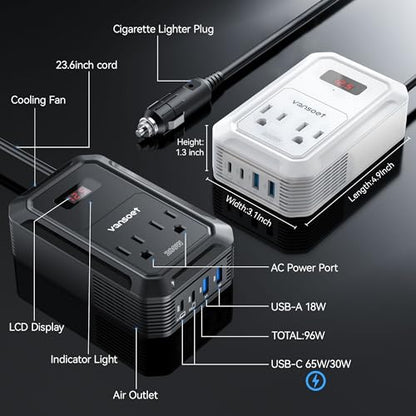 200W Car Power Inverter DC 12V to 110V AC Inverter with PD 65W/30W USB C & 2 QC 18W USB Ports & 2 AC Outlets,Car Pluɡ Adapter Outlet for Laptop/Phone/Road Trip - color: Black