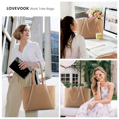 LOVEVOOK Laptop Tote for Women - 15.6 Inch Faux Leather Laptop Bag with Clutch, Large Capacity Office Purse Computer - color: Deep Apricot, size: 15.6 inch