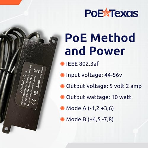 PoE Texas 802.3af PoE to USB-C Adapter - 10 watt Power & Fast Ethernet for iPad mini, Air, Samsung Tab, Surface Go, Google Pixel - Integrated Angle Cable Converter for Tablets, Kiosks, POS - size: 5 Volt 12 Watt - USB-C + Data