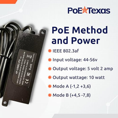PoE Texas 802.3af PoE to USB-C Adapter - 10 watt Power & Fast Ethernet for iPad mini, Air, Samsung Tab, Surface Go, Google Pixel - Integrated Angle Cable Converter for Tablets, Kiosks, POS - size: 5 Volt 12 Watt - USB-C + Data