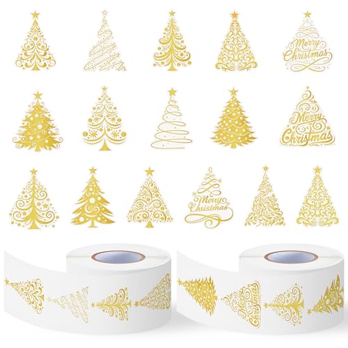Foil Christmas Tree Stickers - 1000 Pcs Easy Peel Metallic Tree Waterproof Vinyl Reusable Laptop Self Adhesive Stickers Classroom Prizes Water Bottle Page Activity Pad Party Favors Skateboard - style: Gold Christmas Tree