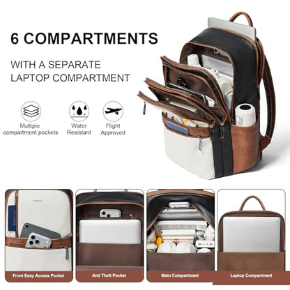 Leather 17 inch Laptop Backpack for Women, Large Travel Backpack Purse for Casual Daypack College Work Bag - color: Black With Brown and White