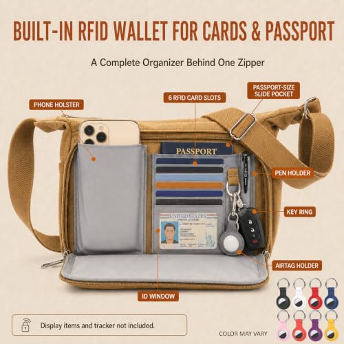 Rfid Crossbody Messenger Bag with Water Bottle Holders, 13 inch Laptop Shoulder Bag, Sling Satchel Purse w/Built-in Wallet - color: Khaki