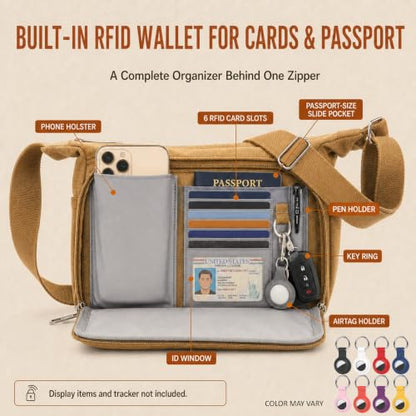 Rfid Crossbody Messenger Bag with Water Bottle Holders, 13 inch Laptop Shoulder Bag, Sling Satchel Purse w/Built-in Wallet - color: Khaki