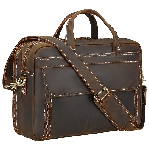 Masa Kawa Leather 15.6" & 17" Laptop Briefcase Men Business Messenger Bag | Full Grain Cowhide Business Travel Office Work Crossbody Shoulder Professional Attache Case for 2 Computers - color: Coffee Color-fits 17" Laptop