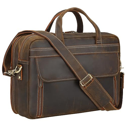 Masa Kawa Leather 15.6" & 17" Laptop Briefcase Men Business Messenger Bag | Full Grain Cowhide Business Travel Office Work Crossbody Shoulder Professional Attache Case for 2 Computers - color: Coffee Color-fits 17" Laptop