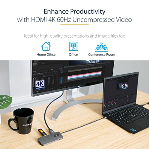 StarTech 6-in-1 USB-C Hub, 4K HDMI HDR10, 3X USB-A 5Gbps, GbE, 100W | USB 5Gbps hub, 100W laptop charging, Cable management, Shared USB-C power and USB 2.0 data, macOS iPadOS Linux ChromeOS - style: 6-IN-1