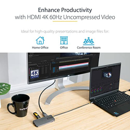 StarTech 6-in-1 USB-C Hub, 4K HDMI HDR10, 3X USB-A 5Gbps, GbE, 100W | USB 5Gbps hub, 100W laptop charging, Cable management, Shared USB-C power and USB 2.0 data, macOS iPadOS Linux ChromeOS - style: 6-IN-1