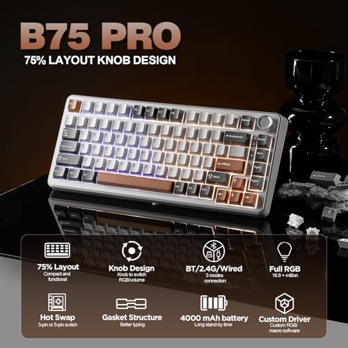 YUNZII B75 PRO Wireless Mechanical Gaming Keyboard | Custom 75% Layout with Knob,Gasket Mount,Hot Swap,Creamy Pre-lubed Switch,BT/USB-C/2.4G(Milk Switch,Grey) - color: Grey, size: Milk Switch