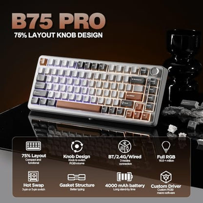 YUNZII B75 PRO Wireless Mechanical Gaming Keyboard | Custom 75% Layout with Knob,Gasket Mount,Hot Swap,Creamy Pre-lubed Switch,BT/USB-C/2.4G(Milk Switch,Grey) - color: Grey, size: Milk Switch