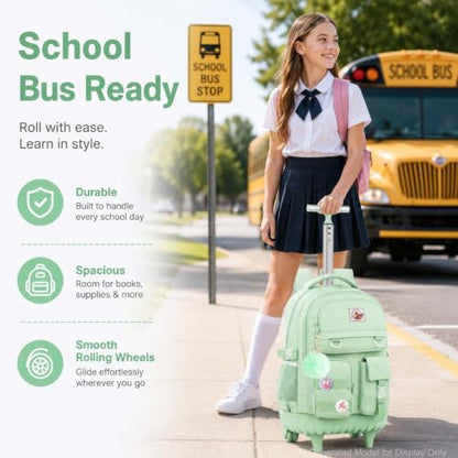 WZLVO Rolling Backpack for Women, 21 inch Roller Wheels Backpacks with Lunch Bag, Water Resistant Wheeled Bookbag for Teens Girls Travel Elementary - Green - color: Green