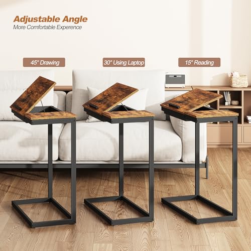 TUTOTAK Large C Shaped End Table, Side Table, Couch Computer Table C Table | Tilting Laptop Stand with Storage, Computer Couch table for Living Room, Bedroom, Brown TB01BB089 - color: Brown, style: Modern
