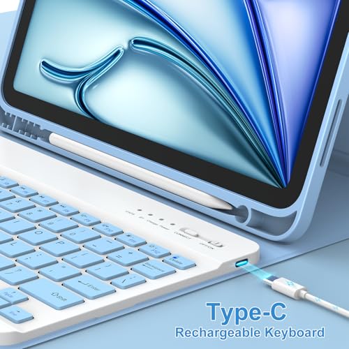 KBCASE for iPad Air 11 inch (M4/M3/M2) Case with Keyboard, Light Blue | Keyboard Case for iPad Air 5th/Air 4th/Pro 11 2018, Detachable Wireless Keyboard, Pencil Holder - color: Light Blue