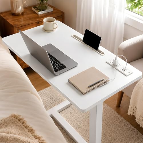 Naomi Home Adjustable Overbed Table with Charging Station, Rolling Hospital Bedside Table with Wheels, Height Adjustable Bed Desk for Laptop, Meals & Recovery Care White - color: White