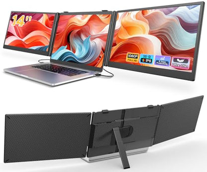 Laptop Screen Extender, 14'' FHD 1080P Ultra-Slim Triple Portable Monitor for Laptops, Two Cable USB-C Travel Monitor Extender Plug & Play for 13"-17" Laptop, Compatible with Wins/Mac/Android/Chrome