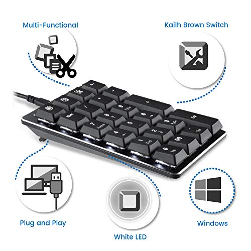 Perixx PERIPAD-303B, Backlit Mechanical Numeric Keypad - USB - Office Shortcut Keys - Full Size 22 Keys - Kailh Brown Switch Keys