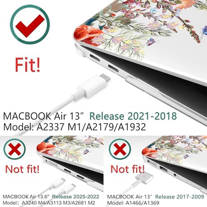 DONGKE Compatible with MacBook Air 13 inch Case 2021 2020 2019 2018 Release A2337 M1 A2179 A1932 with Retina Display & Touch ID, Plastic Hard Shell & Keyboard Cover - Floral Illustration - color: Floral Illustration