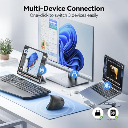 TECKNET Ergonomic Mouse Rechargeable Bluetooth - 4800 DPI Vertical Mice 6 Adjustable Levels, Wireless Optical Carpal Tunnel Mouse Right Hand, Multi Device for Laptop, PC, Computer, MacBook - Black - color: Black