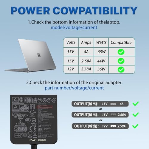 Original 65W 44W 1796 1706 1800 1625 Laptop Charger Compatible with Microsoft Surface Pro 10 9 8 7+ 7 6 Windows 5 4 3 2 Fit Model 1876 1943 1950 1958 1866 1724 1963 1769 1735 Tablet Power Supply
