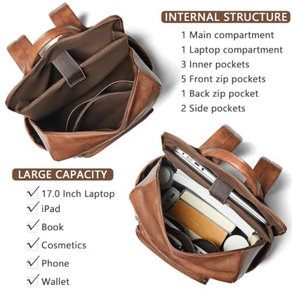 Upgraded 17 inch Leather Laptop Backpack for Women | Waterproof Vegan Leather Computer Backpack with Laptop Compartment,32L Large Capacity,Travel Work Business College - color: Two-toned Brown