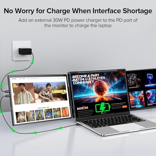 UPERFECT Laptop Screen Extender, 2K 14" 360° Patented Unique Swivel Hinge | Triple Monitor, 2240x1400 QHD IPS Portable Dual Monitor for 14"-17'' Laptops, Plug & Play, USB-C & MINI HDMI - size: 14"