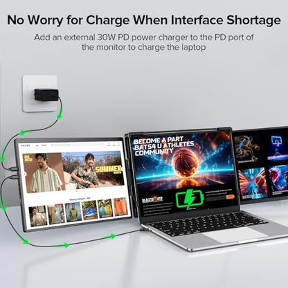 UPERFECT Laptop Screen Extender, 2K 14" 360° Patented Unique Swivel Hinge | Triple Monitor, 2240x1400 QHD IPS Portable Dual Monitor for 14"-17'' Laptops, Plug & Play, USB-C & MINI HDMI - size: 14"