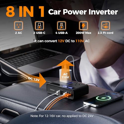 TESSAN 200W Car Power Inverter, 65W USB C Car Charger Adapter Fast Charging | Converter with 2 AC Outlets & 6 USB Ports, PD/QC 3.0 Fast Charging Car Adapter for Phones, Camping, Road Trip & Travel, Black - size: 65W