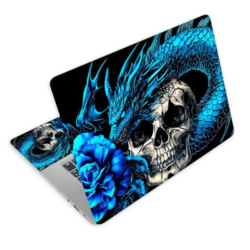 Universal Laptop Skin Decal, 3-Piece Vinyl Protector for 12 13 14 15.6" Notebook, Waterproof Anti-Scratch, Easy Trim & Bubble-Free Finish, Blue Dragon Skull Rose - color: Blue Dragon Skull Rose