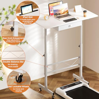 GTPLAYER Small Standing Desk Adjustable Height Small Computer Desk Mobile Portable Rolling Laptop Table with Wheels 32" Computer Workstation Sit Stand Desks Portable Standing Table Treadmill desks - color: White