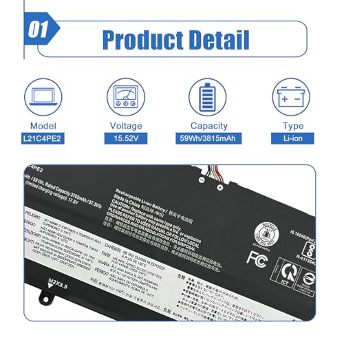 L21C4PE2 Laptop Battery 59Wh Replacement for Lenovo Yoga 6-13ALC7 6-13ABR8 Series L21L4PE2 SB11F29412 5B11F29411 SB11F29410 5B11F29414 SB11F29418 5B11F29421 15.52V 3815mAh