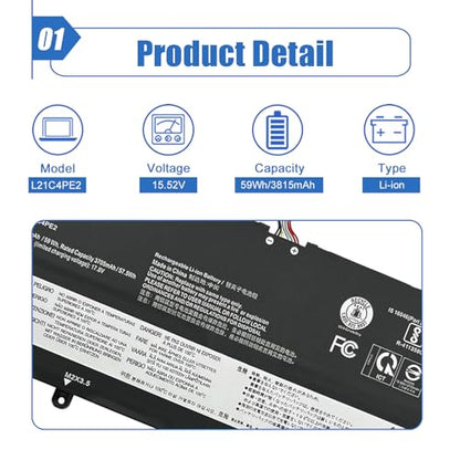 L21C4PE2 Laptop Battery 59Wh Replacement for Lenovo Yoga 6-13ALC7 6-13ABR8 Series L21L4PE2 SB11F29412 5B11F29411 SB11F29410 5B11F29414 SB11F29418 5B11F29421 15.52V 3815mAh