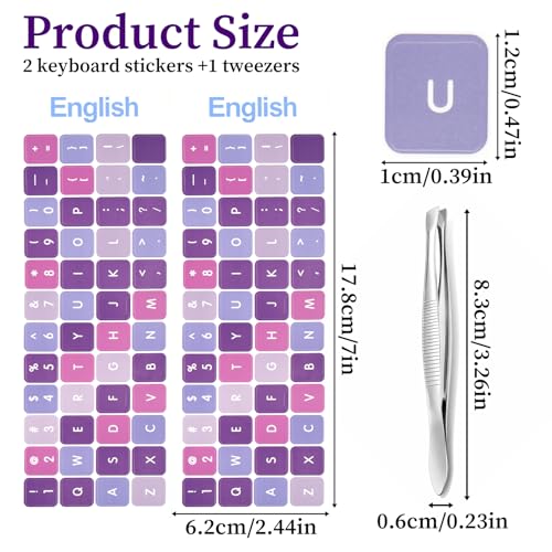 2pcs English Keyboard Stickers Laptop with Tweezer Universal Replacement English Laptop Keyboard Stickers Purple Background with White Lettering Sticker for PC Computer Desktop