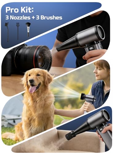 130000RPM Compressed Air Duster,Rechargerble with Brushless Motor | 5-Gear Adjustable,2.5H Fast Charge,3 Nozzles + 3 Brushes,54m/s Wind Speed,185g Wind Pressure，for Car and Keyboard